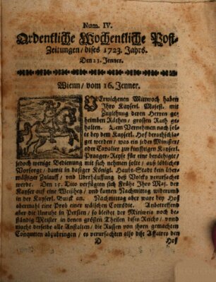 Ordentliche wochentliche Post-Zeitungen Samstag 23. Januar 1723