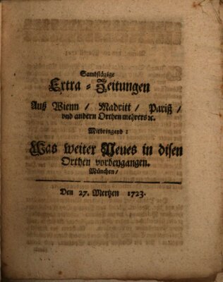 Mercurii Relation, oder wochentliche Ordinari Zeitungen von underschidlichen Orthen (Süddeutsche Presse) Samstag 27. März 1723