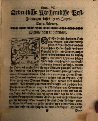 Ordentliche wochentliche Post-Zeitungen Samstag 9. Februar 1726