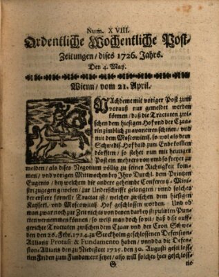 Ordentliche wochentliche Post-Zeitungen Samstag 4. Mai 1726