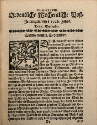 Ordentliche wochentliche Post-Zeitungen Samstag 21. September 1726