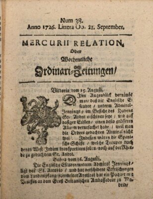 Mercurii Relation, oder wochentliche Ordinari Zeitungen von underschidlichen Orthen (Süddeutsche Presse) Samstag 21. September 1726