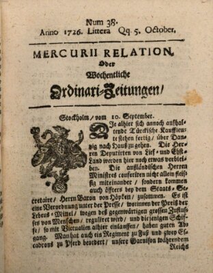 Mercurii Relation, oder wochentliche Ordinari Zeitungen von underschidlichen Orthen (Süddeutsche Presse) Samstag 5. Oktober 1726