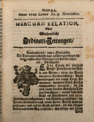 Mercurii Relation, oder wochentliche Ordinari Zeitungen von underschidlichen Orthen (Süddeutsche Presse) Samstag 9. November 1726