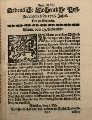 Ordentliche wochentliche Post-Zeitungen Samstag 30. November 1726