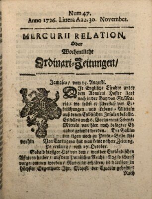 Mercurii Relation, oder wochentliche Ordinari Zeitungen von underschidlichen Orthen (Süddeutsche Presse) Samstag 30. November 1726