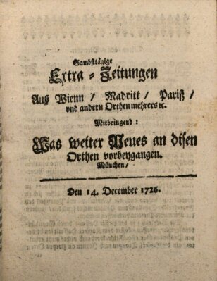 Mercurii Relation, oder wochentliche Ordinari Zeitungen von underschidlichen Orthen (Süddeutsche Presse) Samstag 14. Dezember 1726