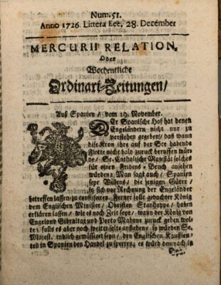 Mercurii Relation, oder wochentliche Ordinari Zeitungen von underschidlichen Orthen (Süddeutsche Presse) Samstag 28. Dezember 1726