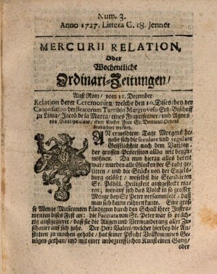 Mercurii Relation, oder wochentliche Ordinari Zeitungen von underschidlichen Orthen (Süddeutsche Presse) Samstag 18. Januar 1727