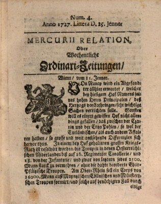 Mercurii Relation, oder wochentliche Ordinari Zeitungen von underschidlichen Orthen (Süddeutsche Presse) Samstag 25. Januar 1727