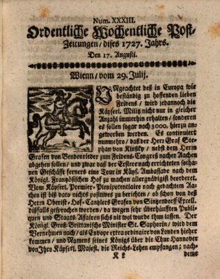 Ordentliche wochentliche Post-Zeitungen Sonntag 17. August 1727