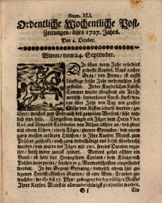 Ordentliche wochentliche Post-Zeitungen Samstag 4. Oktober 1727