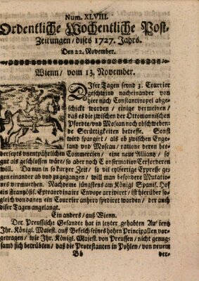 Ordentliche wochentliche Post-Zeitungen Samstag 22. November 1727