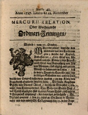 Mercurii Relation, oder wochentliche Ordinari Zeitungen von underschidlichen Orthen (Süddeutsche Presse) Samstag 22. November 1727