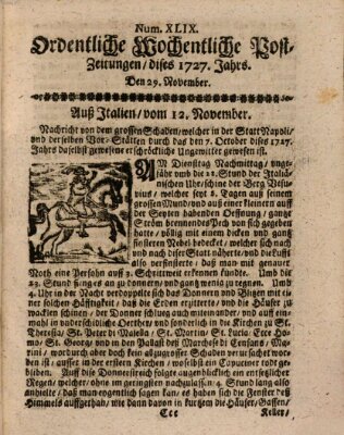 Ordentliche wochentliche Post-Zeitungen Samstag 29. November 1727