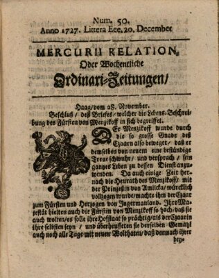 Mercurii Relation, oder wochentliche Ordinari Zeitungen von underschidlichen Orthen (Süddeutsche Presse) Samstag 20. Dezember 1727