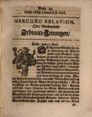 Mercurii Relation, oder wochentliche Ordinari Zeitungen von underschidlichen Orthen (Süddeutsche Presse) Samstag 8. Mai 1728