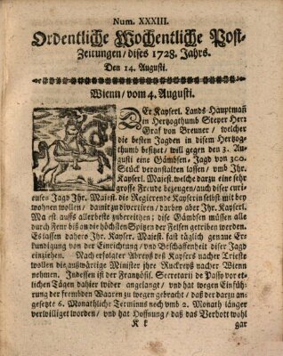 Ordentliche wochentliche Post-Zeitungen Samstag 14. August 1728