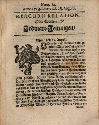 Mercurii Relation, oder wochentliche Ordinari Zeitungen von underschidlichen Orthen (Süddeutsche Presse) Samstag 28. August 1728