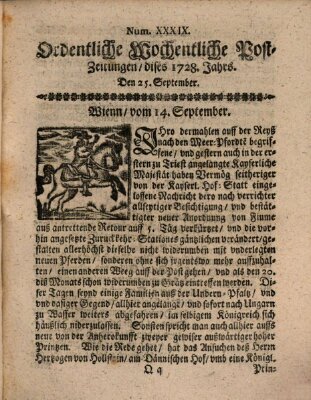 Ordentliche wochentliche Post-Zeitungen Samstag 25. September 1728