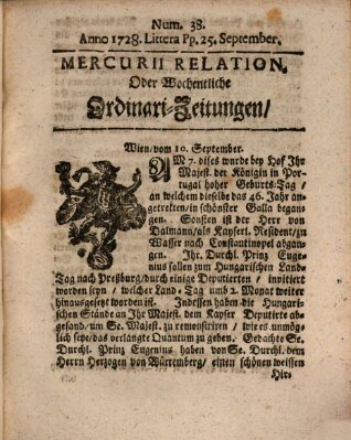 Mercurii Relation, oder wochentliche Ordinari Zeitungen von underschidlichen Orthen (Süddeutsche Presse) Samstag 25. September 1728