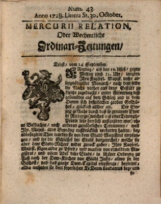 Mercurii Relation, oder wochentliche Ordinari Zeitungen von underschidlichen Orthen (Süddeutsche Presse) Samstag 30. Oktober 1728