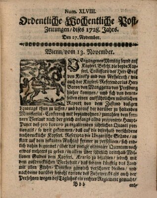 Ordentliche wochentliche Post-Zeitungen Samstag 27. November 1728