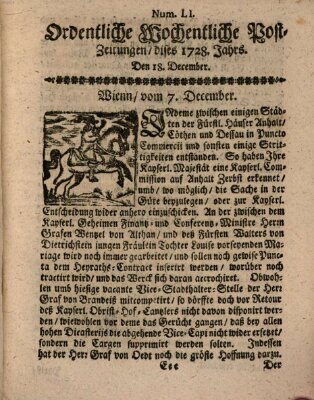 Ordentliche wochentliche Post-Zeitungen Samstag 18. Dezember 1728