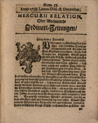 Mercurii Relation, oder wochentliche Ordinari Zeitungen von underschidlichen Orthen (Süddeutsche Presse) Samstag 18. Dezember 1728