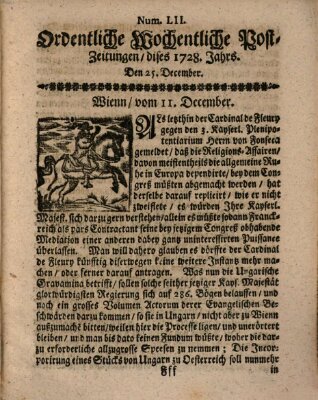 Ordentliche wochentliche Post-Zeitungen Samstag 25. Dezember 1728