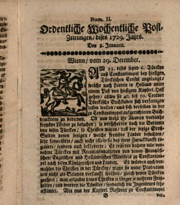 Ordentliche wochentliche Post-Zeitungen Samstag 8. Januar 1729