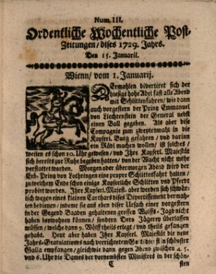 Ordentliche wochentliche Post-Zeitungen Samstag 15. Januar 1729