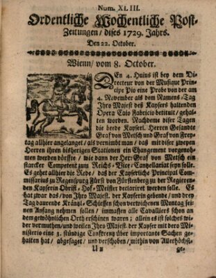 Ordentliche wochentliche Post-Zeitungen Samstag 22. Oktober 1729