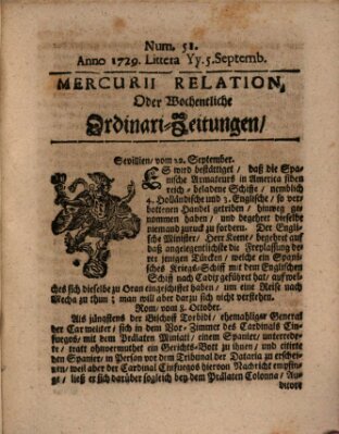 Mercurii Relation, oder wochentliche Ordinari Zeitungen von underschidlichen Orthen (Süddeutsche Presse) Samstag 5. November 1729