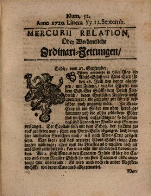 Mercurii Relation, oder wochentliche Ordinari Zeitungen von underschidlichen Orthen (Süddeutsche Presse) Samstag 12. November 1729