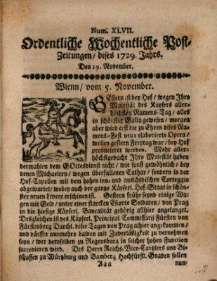 Ordentliche wochentliche Post-Zeitungen Samstag 19. November 1729