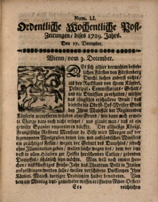 Ordentliche wochentliche Post-Zeitungen Samstag 17. Dezember 1729