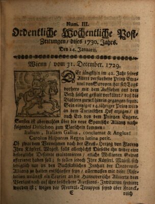 Ordentliche wochentliche Post-Zeitungen Samstag 14. Januar 1730