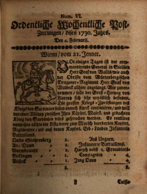 Ordentliche wochentliche Post-Zeitungen Samstag 4. Februar 1730