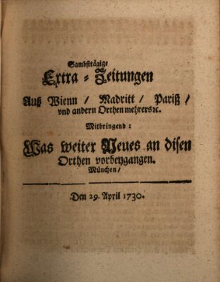 Mercurii Relation, oder wochentliche Ordinari Zeitungen von underschidlichen Orthen (Süddeutsche Presse) Samstag 29. April 1730