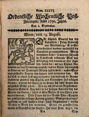 Ordentliche wochentliche Post-Zeitungen Samstag 2. September 1730