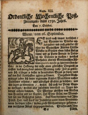 Ordentliche wochentliche Post-Zeitungen Samstag 7. Oktober 1730