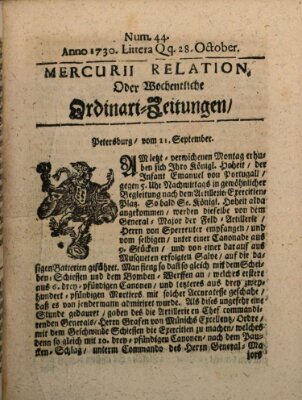 Mercurii Relation, oder wochentliche Ordinari Zeitungen von underschidlichen Orthen (Süddeutsche Presse) Samstag 28. Oktober 1730