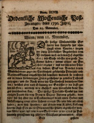 Ordentliche wochentliche Post-Zeitungen Samstag 25. November 1730