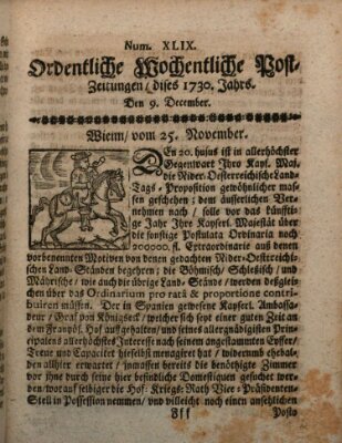 Ordentliche wochentliche Post-Zeitungen Samstag 9. Dezember 1730