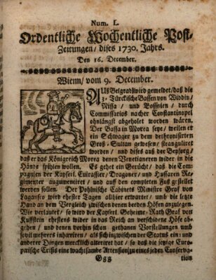 Ordentliche wochentliche Post-Zeitungen Samstag 16. Dezember 1730