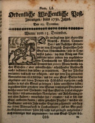 Ordentliche wochentliche Post-Zeitungen Samstag 23. Dezember 1730