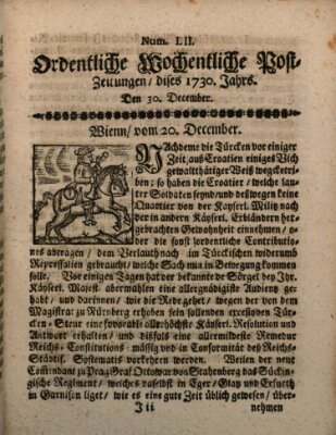 Ordentliche wochentliche Post-Zeitungen Samstag 30. Dezember 1730