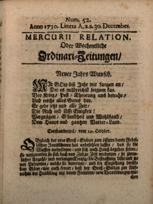 Mercurii Relation, oder wochentliche Ordinari Zeitungen von underschidlichen Orthen (Süddeutsche Presse) Samstag 30. Dezember 1730