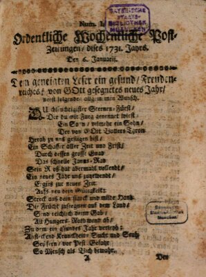 Ordentliche wochentliche Post-Zeitungen Samstag 6. Januar 1731